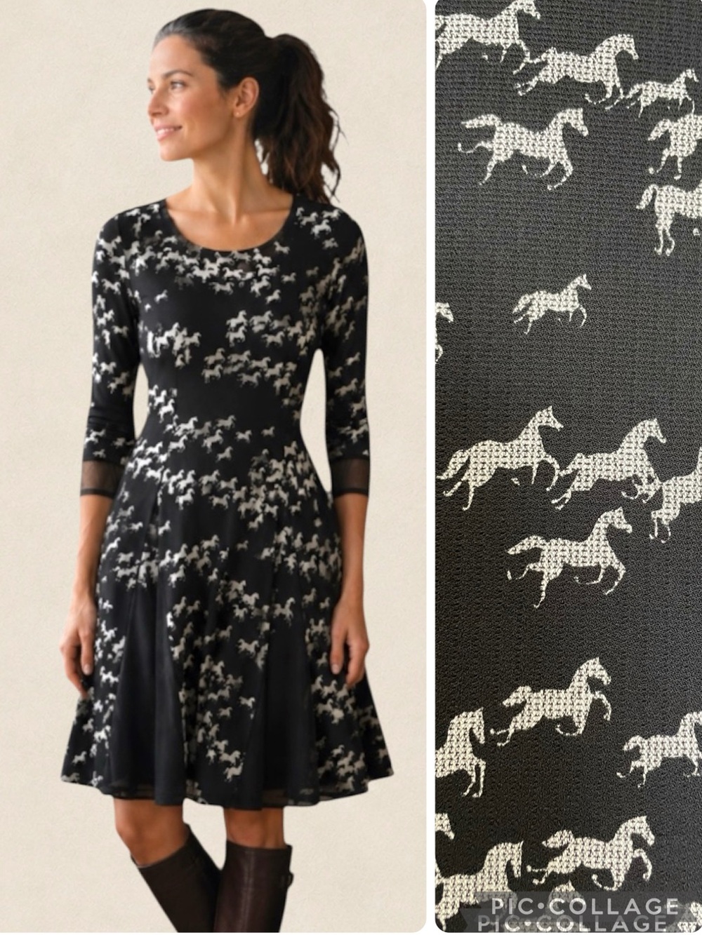 Luc Fontaine Horse Print Fit & Flare Dress 4 Black Stretch Mesh Canada Western